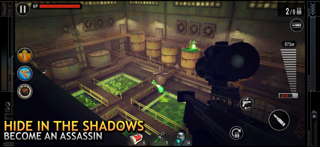 Last Hope Sniper - Zombie War - First person sniper scope view overlooking an industrial facility with green toxic pools