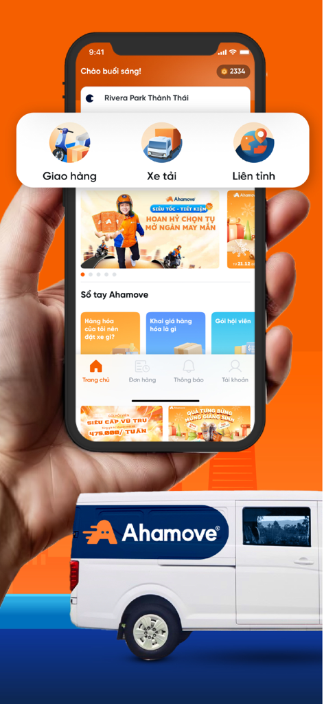 Ahamove mobile App-Oberfläche, die Motorrad- und LKW-Lieferoptionen mit einem Marken-Lieferwagen darunter anzeigt