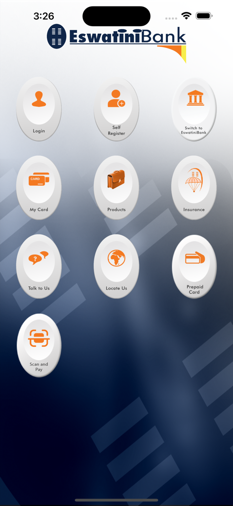 Eswatini Bank mobile app dashboard showing various banking features