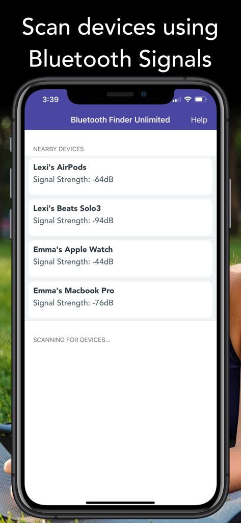 Find One Earbud - Screenshot of the Find One Earbud app showing a list of nearby Bluetooth devices like AirPods and Apple Watch with their signal strength indicators