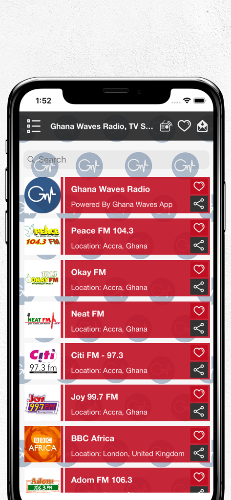 Smartphone interface of the Africa Waves Radio app displaying a directory of popular Ghanaian radio stations like Peace FM and Joy FM.