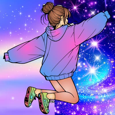realistic girl jumping with a bun and oversized sweatshirt