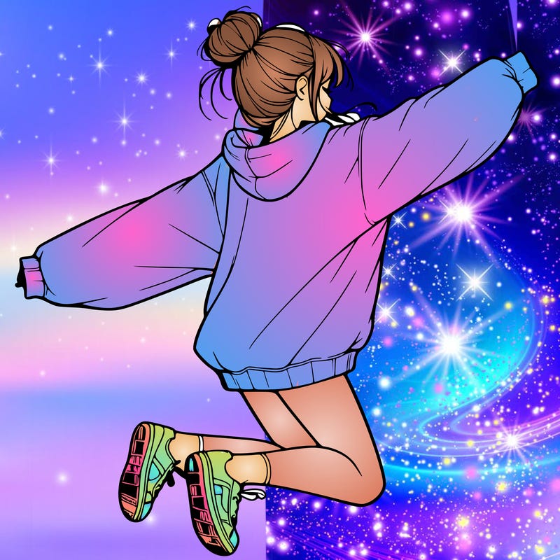realistic girl jumping with a bun and oversized sweatshirt