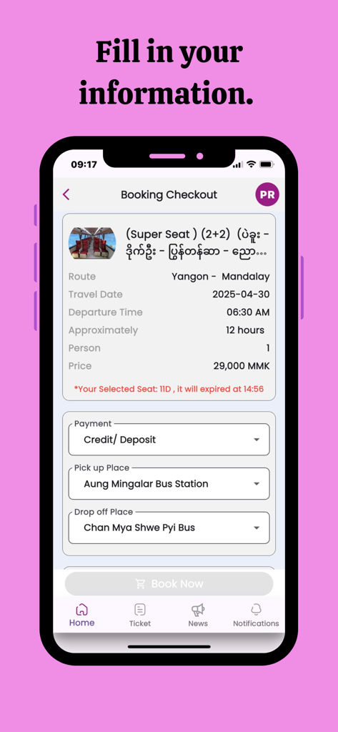 JJ Express Myanmar - JJ Express Myanmar app booking checkout screen for a bus trip from Yangon to Mandalay with travel details and payment options