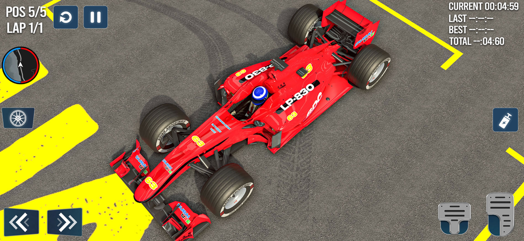 Extreme Formula Car Stunt Game - A top-down view of a red formula car on a race track with on-screen game controls and status HUD.