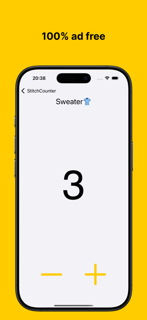 Stitch Counter App - Interface of the Stitch Counter app showing a project count for a sweater and an ad free label