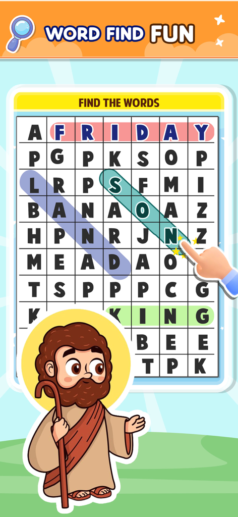 Bible Word Search Puzzle Games - Uma grade colorida de quebra-cabeça de busca de palavras bíblicas com palavras encontradas destacadas e uma ilustração de personagem bíblico.