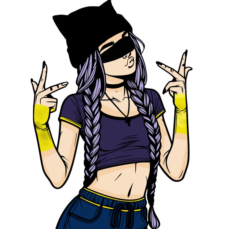 realistic teenage girl with braids and a beanie and crop top doing 🫶🏼