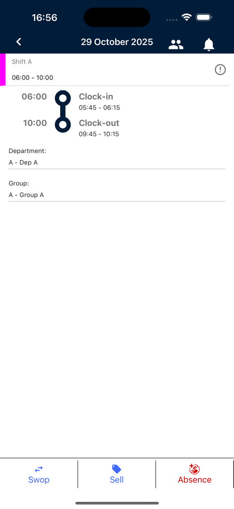 ProMarkアプリのモバイルインターフェース。出勤時刻と退勤時刻が表示されたシフト勤務時間が表示されています。