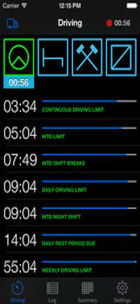 Interface of the TruckerTimer app showing countdown timers for driving and rest limits according to EU regulations.