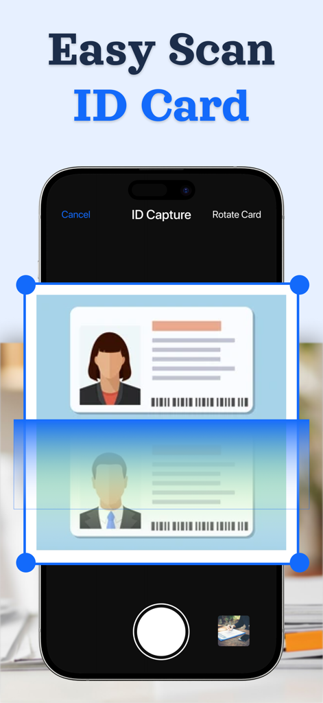 Doc Scanner - Fast PDF Creator - iPhone app interface showing the easy ID card scanning feature