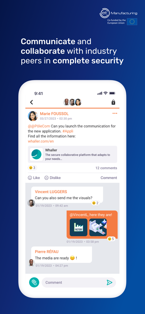 AGORA by EIT Manufacturing - Interfaz de chat móvil segura de la app AGORA, mostrando profesionales de la industria colaborando y compartiendo visuales de manufactura.