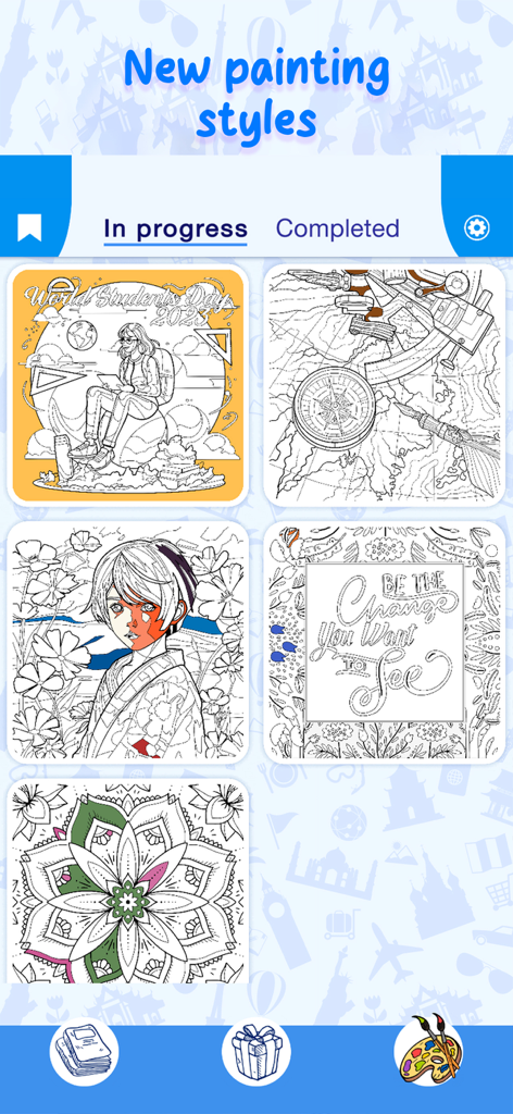 A gallery view of various coloring pages in progress within the Happy Canvas app interface