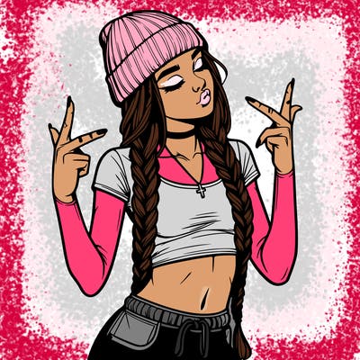 realistic teenage girl with braids and a beanie and crop top doing 🫶🏼