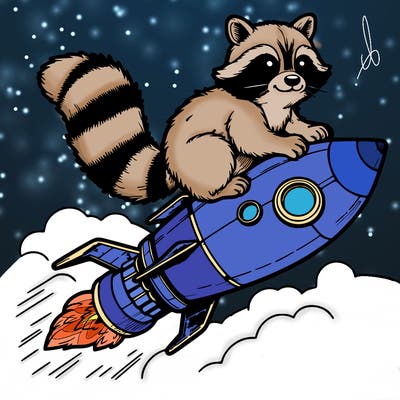 realistic raccoon flying on top rocket ship