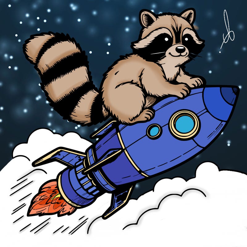 realistic raccoon flying on top rocket ship