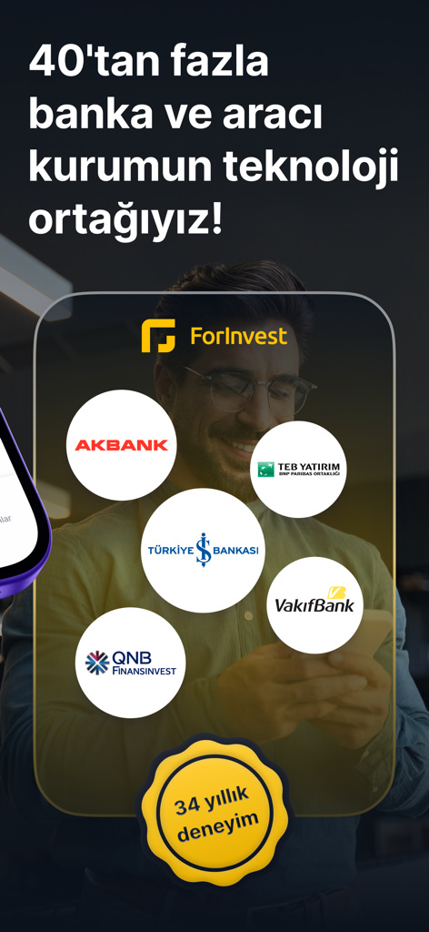 ForInvest: Piyasa Analizi - ForInvest app screen showing partnerships with Turkish banks like Akbank and Is Bankasi
