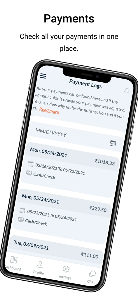 Eine mobile App-Oberfläche, die eine Liste von Zahlungsaufzeichnungen und Einnahmen für Serviceprofis anzeigt