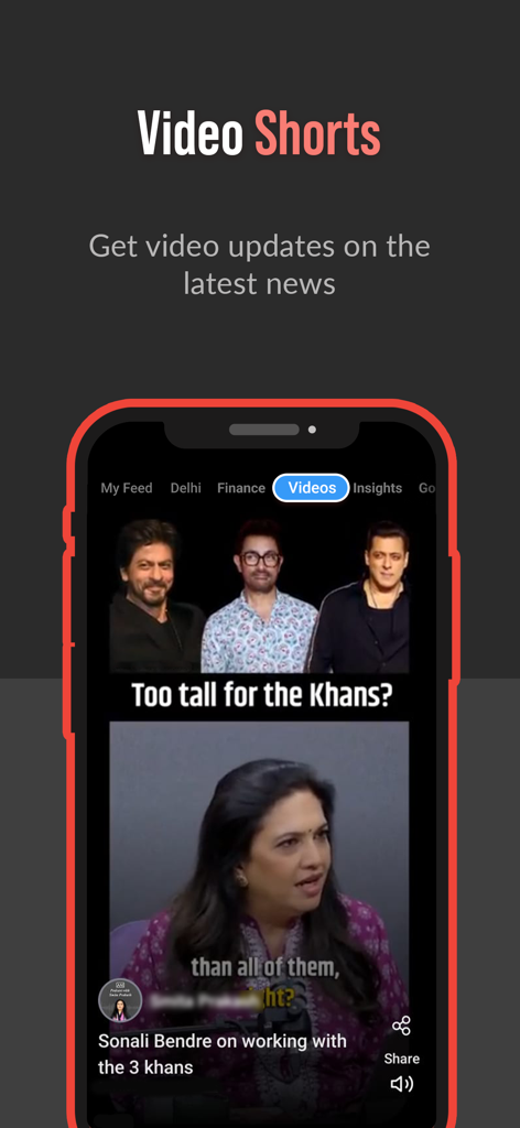 Mobile screen showing the Video Shorts feature of the Inshorts news app with Bollywood content.