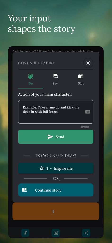Interactive AI story interface in the StoryZone app where users type character actions