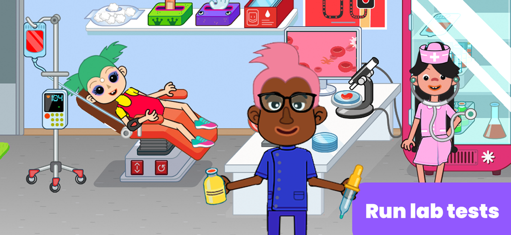 Cartoon hospital lab scene where kids can roleplay as doctors running medical tests