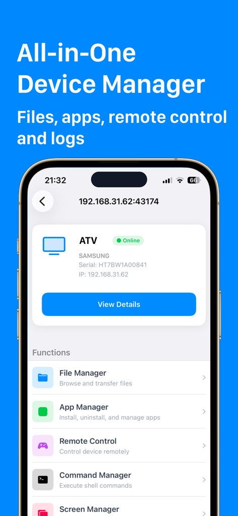 ADB Connect & Debugger for ATV - iPhoneアプリのADB Connect画面。ファイルマネージャーやアプリマネージャーなどのAndroid TV管理オプションが表示されています。