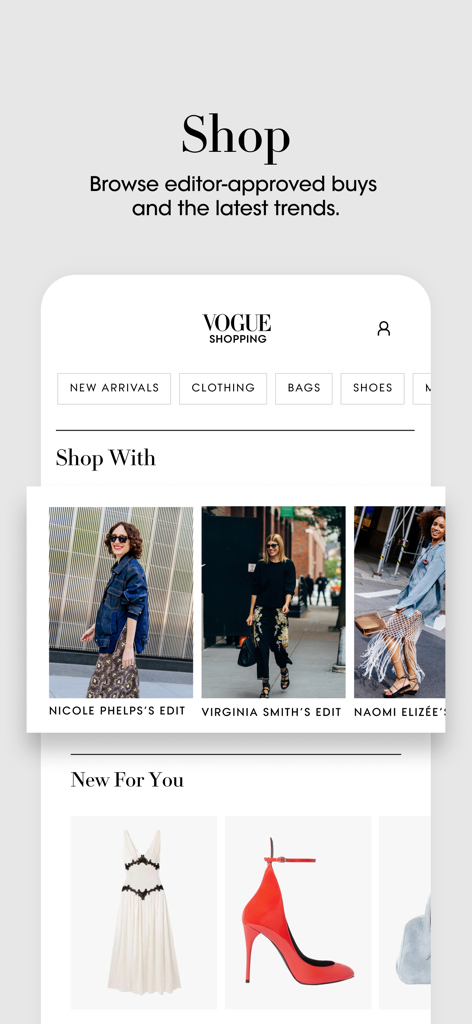 Vogue app shopping screen with editor recommended fashion items