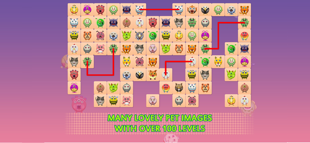 Gameplay of Twin Link Connect 2 Monster showing matching pet tiles connected by red lines on a puzzle board