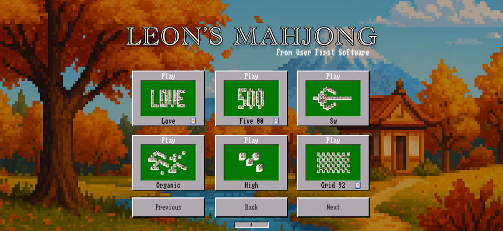 Level selection screen for Leons Mahjong showing various tile layouts over a pixel art autumn landscape.
