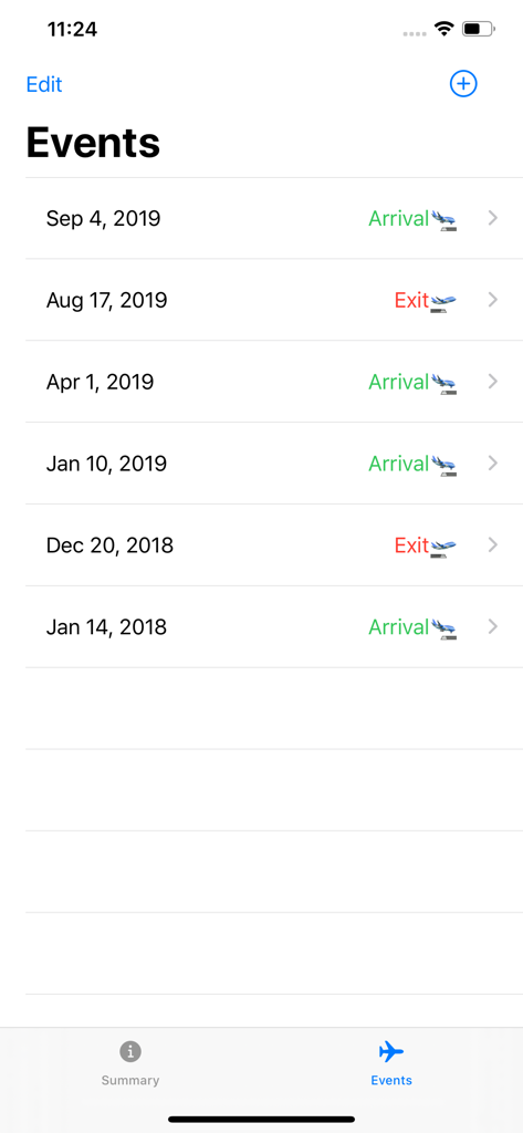 Days in Canada - Screenshot of the travel events log in the Days in Canada app showing a list of arrival and exit dates