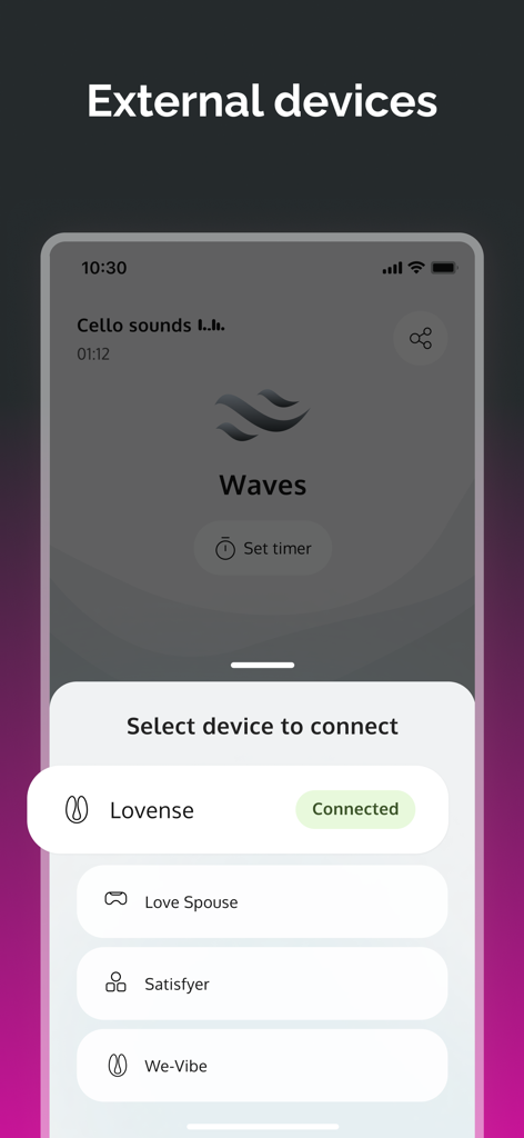 Menu in the Strong Vibes app showing options to connect external devices like Lovense and Love Spouse