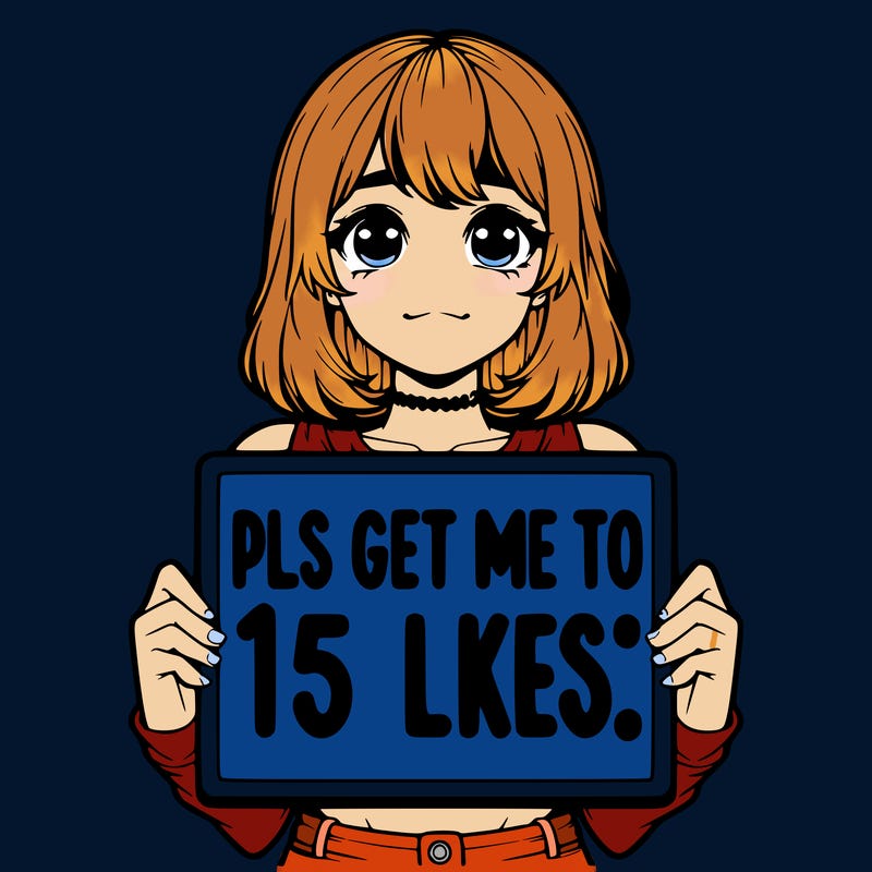 realistic girl holding up a sign that says “pls get me to 15 likes!”