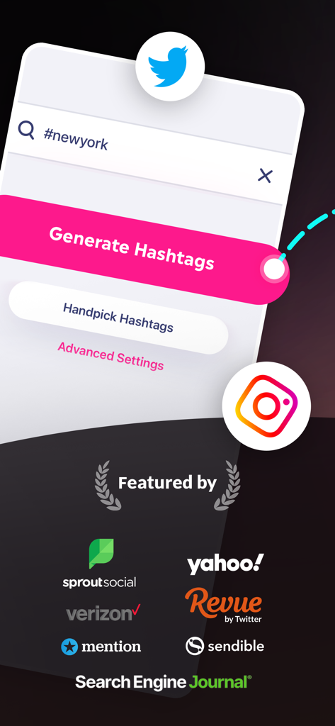 Hashtag Expert: AI Captions - Interface de l'application Hashtag Expert montrant le bouton de génération de hashtags et les logos des publications présentées