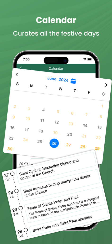 Une capture d'écran de l'application Bible bulgare affichant un calendrier festif avec les jours de fêtes religieuses et les saints
