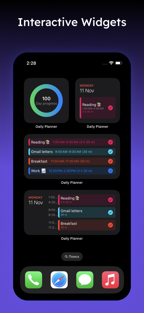 Pantalla de inicio del iPhone mostrando varios widgets interactivos de la aplicación Daily Planner, incluida una lista de tareas, un anillo de progreso del día y citas programadas.