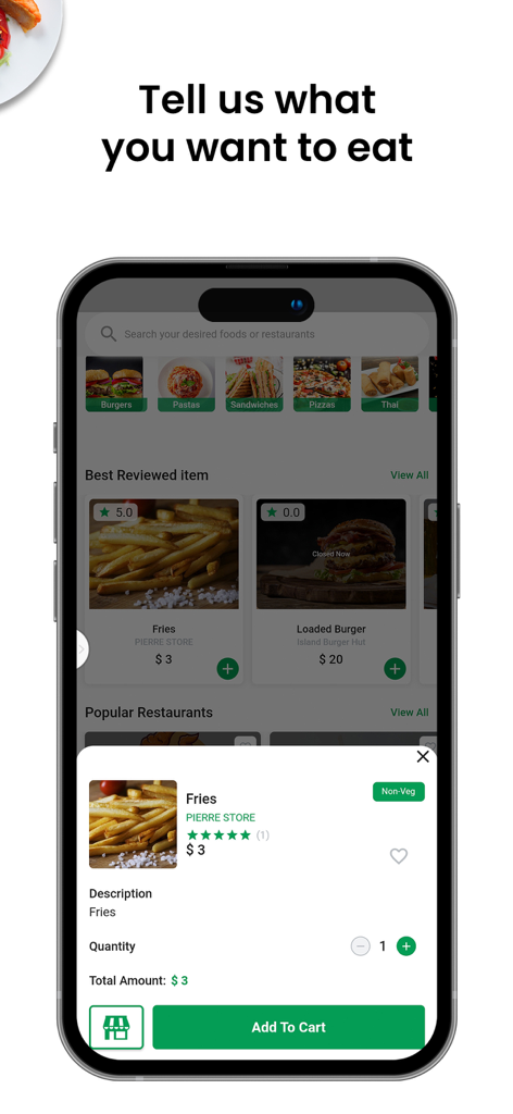 Order Up -Order Food & Grocery - Order Up app screen showing food menu options and a popup to add fries to the cart.