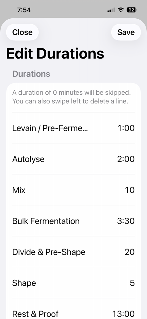 Dough Timer - A screen in the Dough Timer app for editing the durations of various bread making stages including autolyse and bulk fermentation.