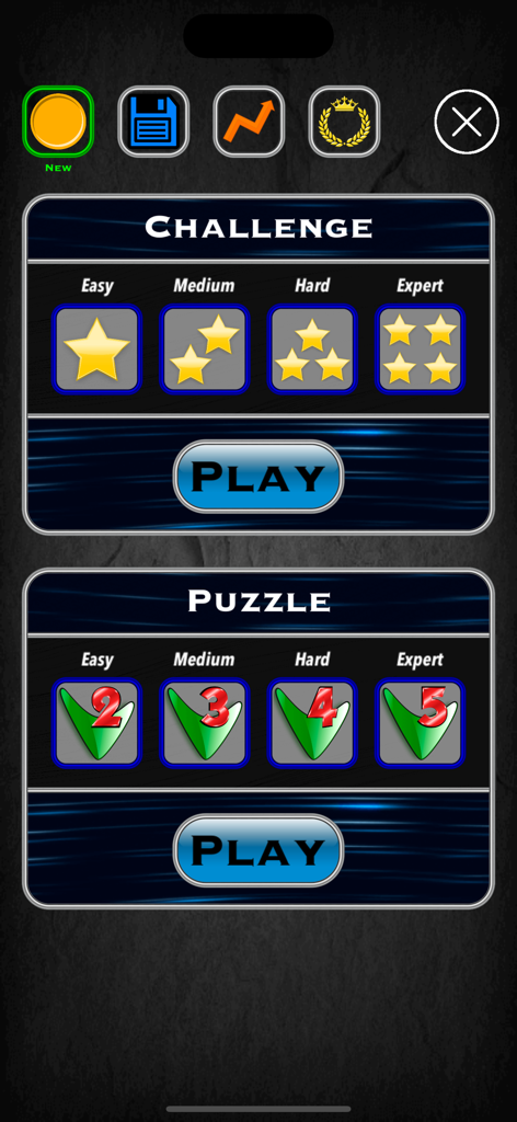 4 In A Row Board Game Connect - Main menu of the 4 In A Row game showing Challenge and Puzzle modes with different difficulty levels