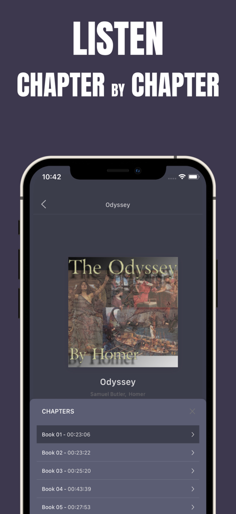 Librivox app interface showing the Odyssey audiobook with a list of chapters for navigation