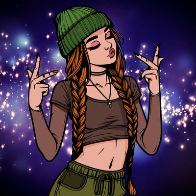 realistic teenage girl with braids and a beanie and crop top doing 🫶🏼