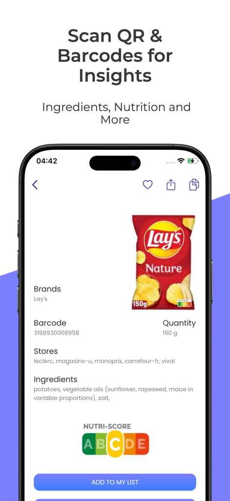 Mobile app interface showing scanned product details including ingredients nutrition facts and nutri-score