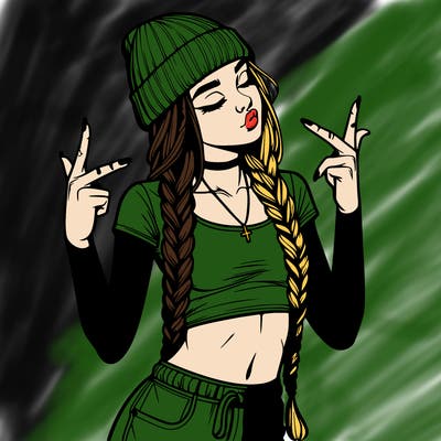 realistic teenage girl with braids and a beanie and crop top doing 🫶🏼