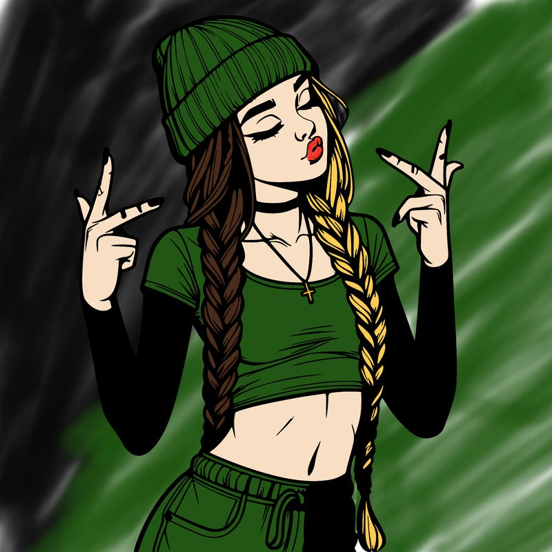realistic teenage girl with braids and a beanie and crop top doing 🫶🏼