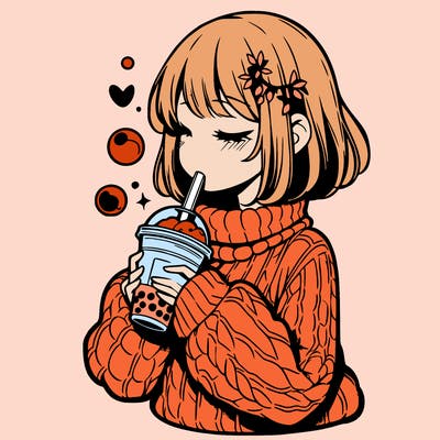 manga girl drinking boba in cozy sweater