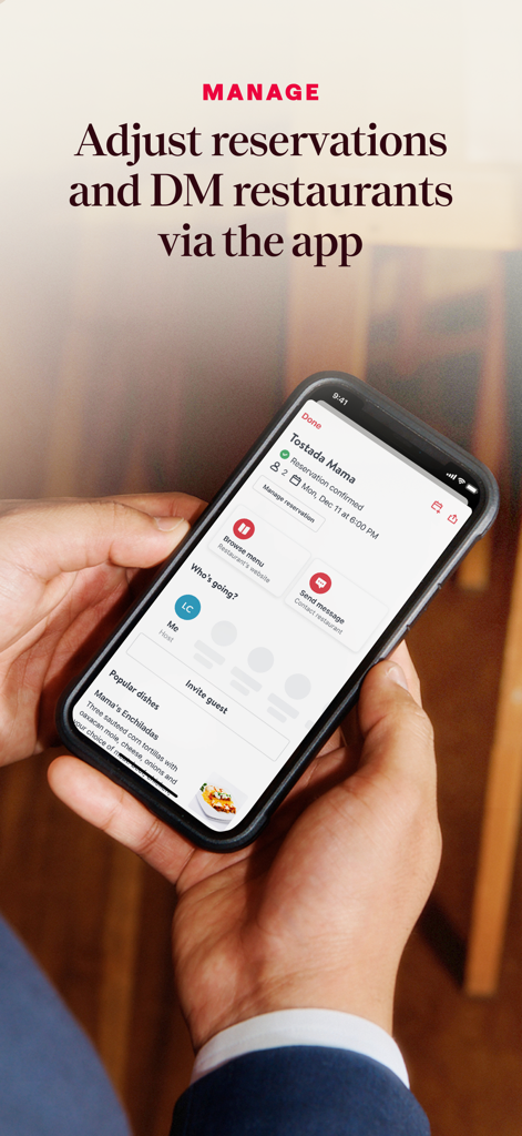 OpenTable - A person holding a smartphone displaying the OpenTable app interface for managing restaurant reservations and messaging.