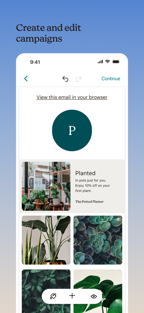 Interfaz de la app móvil de Mailchimp para crear y editar campañas de email marketing