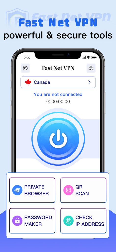 Fast Net VPN app interface on an iPhone showing a connect button and tools like private browser and password maker