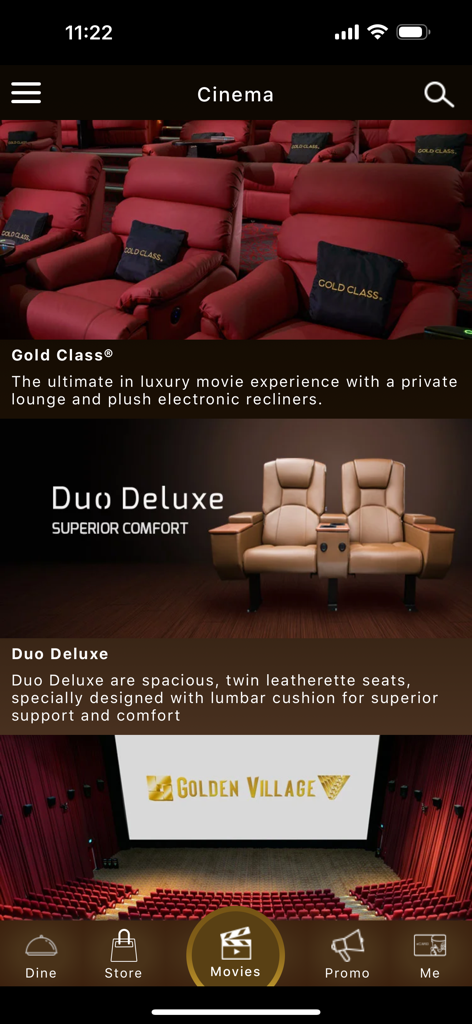 Interface do aplicativo móvel iGV exibindo opções de assentos de cinema premium, incluindo poltronas Gold Class e assentos Duo Deluxe