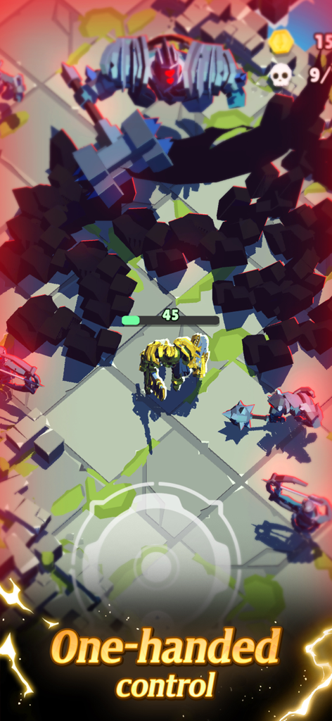 God Breaker: Roguelike ARPG - God Breaker Roguelike ARPG screenshot showing a golden knight facing enemies with one-handed control text.