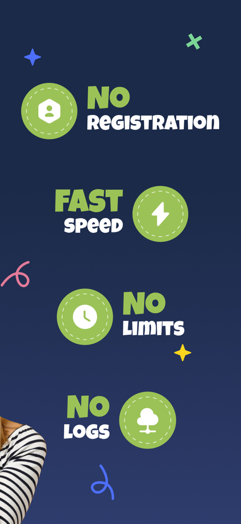 UK VPN - Private & Secure - Infografica che mostra le funzionalità chiave dell'app, tra cui nessuna registrazione, velocità elevata, nessun limite e nessun log.